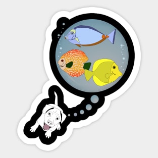 Ein kleiner Hund denkt an drei Fische Sticker